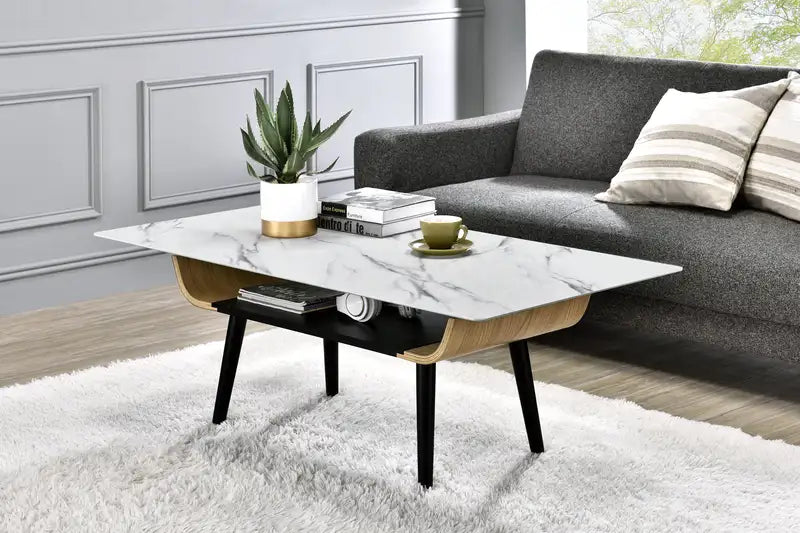 Landon 47" White Marble Coffee Table - Bent Wood Design