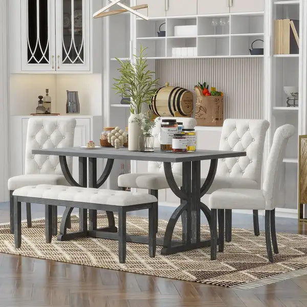 6-Piece Retro Dining Table Set with Unique Legs - Gray Wash - TREXM