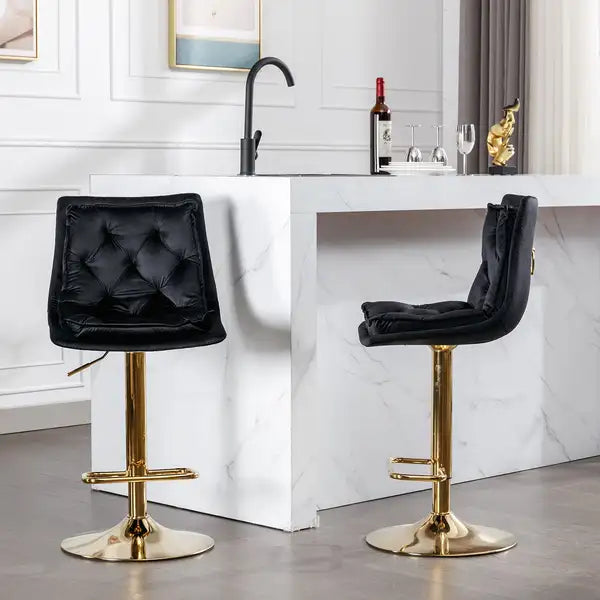 Adjustable Swivel Bar Stools Set of 2, Velvet Seat with Chrome Base & Footrest, Black & Gold - Minihomy