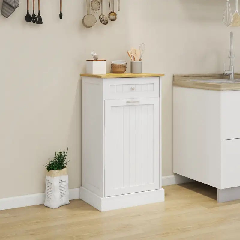 White Tilt-Out Kitchen Trash Cabinet with Drawer & Compartment