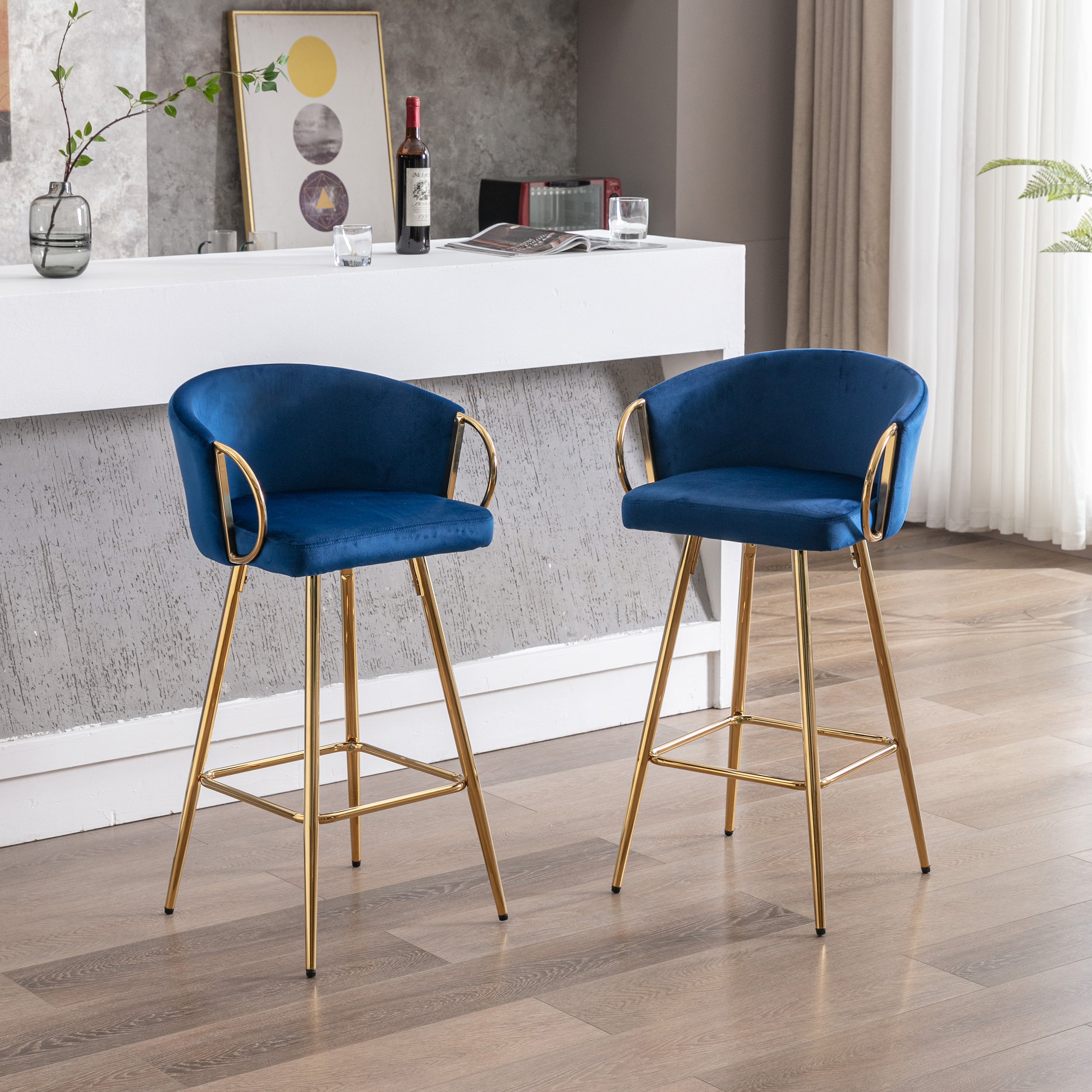 2-Pack 30" Velvet Bar Stools with Chrome Footrest & Gold Legs - Blue