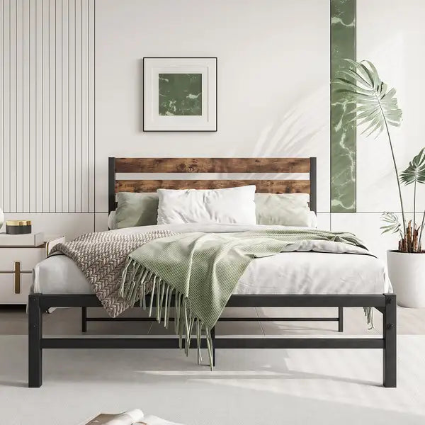 Full Size Platform Bed Frame with Rustic Vintage Wood Headboard - No Box Spring Needed - Rustic Brown