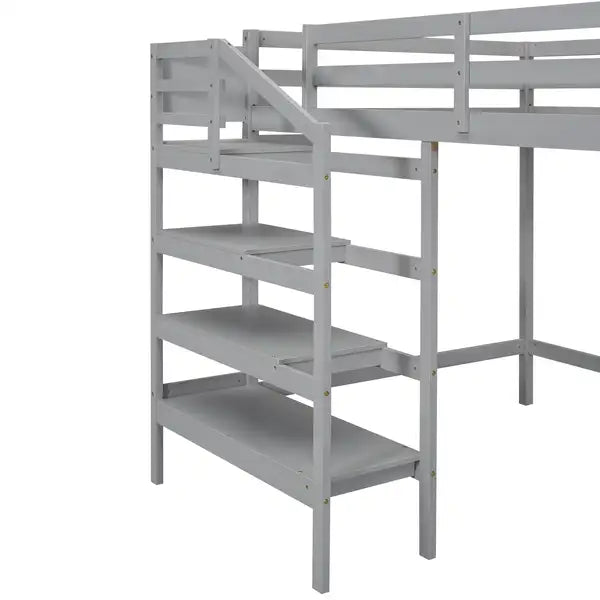 Full Size Loft Bed with Storage Staircase & Clothes Hanger - Gray - Minihomy