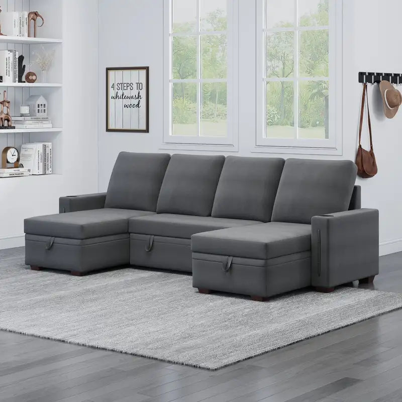 96" U-Shaped Sectional Sofa with Storage - Dark Grey