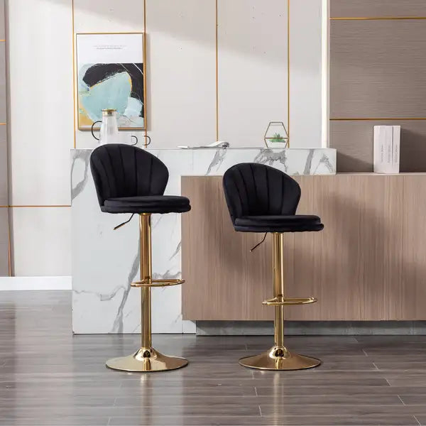 Set of 2 Swivel Bar Stools with Chrome Footrest - Height Adjustable Velvet + Golden Leg - Black