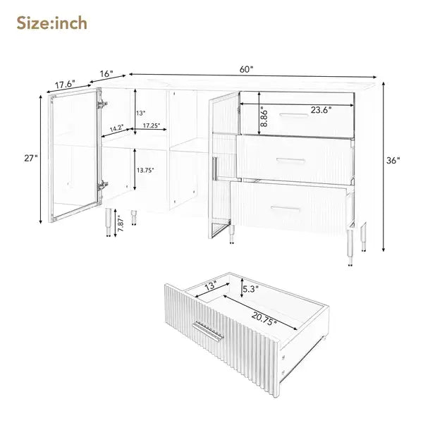 Modern Sideboard Buffet Cabinet with Marble Top & Amber Glass Doors (Navy Blue) - Gold Legs & Handles - Minihomy