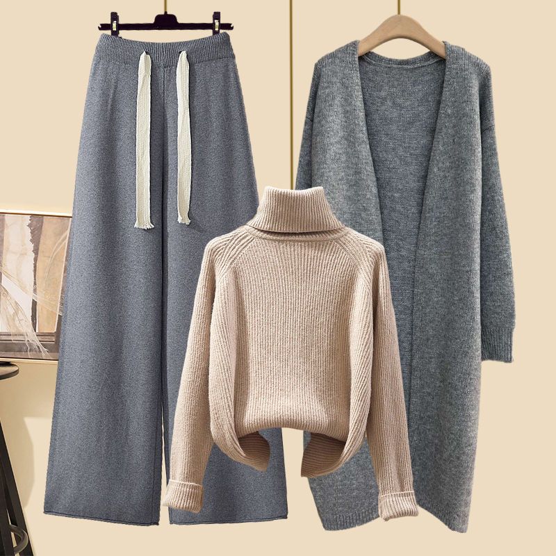 Women's Thickened Knitting Wide-leg Pants Turtleneck Sweater Long Cardigan Jacket