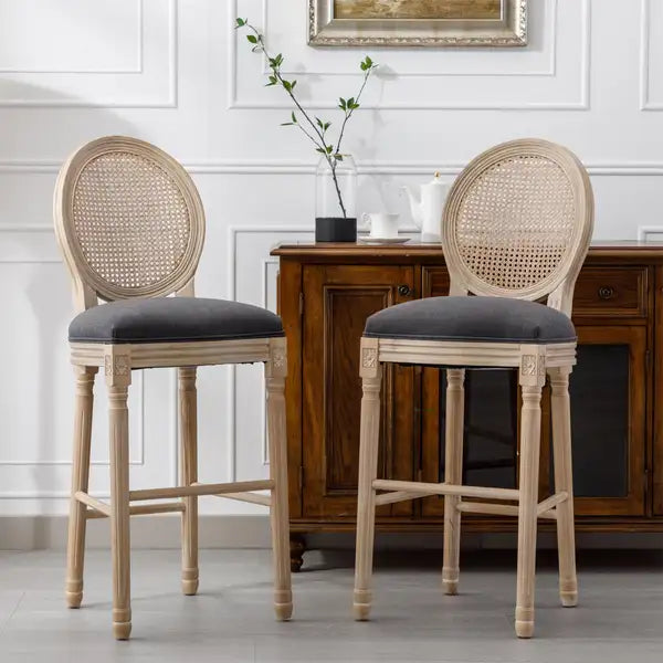 French Country Barstools Set of 2 | Rattan Back & Upholstered Seats, Dark Grey - Minihomy