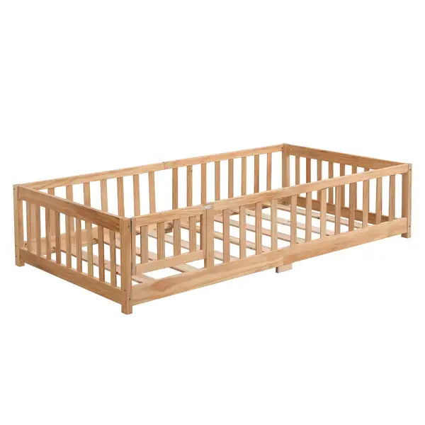 Full Size Platform Bed with Fence - Solid Pine Wood, Natural Finish, Kids Bed Frame