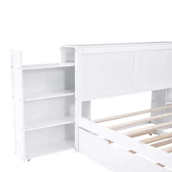 Full Size Platform Bed with Pull Out Shelves & Twin Trundle - White - Minihomy