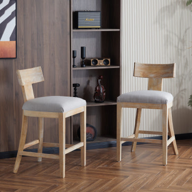 27" Upholstered Counter Stools Set of 2 - Solid Rubber Wood, Backrest, Footrest, PEBBLE LINEN & Natural - Minihomy