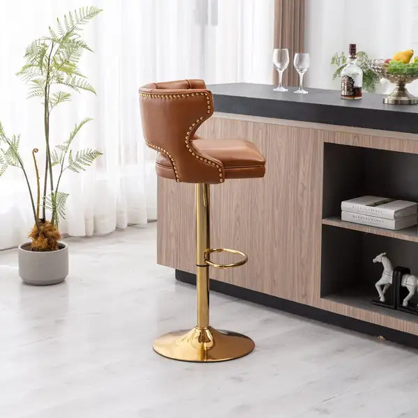 Brown Leather Bar Stools with Back & Footrest - Counter Height (Set of 2) - Minihomy