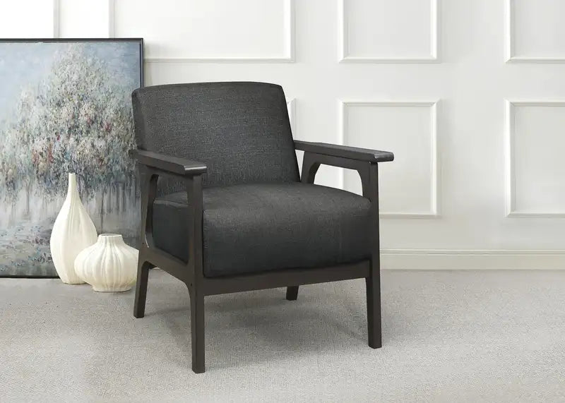 Gray Accent Chair - Dark Fabric Upholstery, Solid Wood Legs