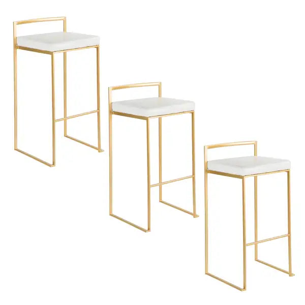 LumiSource Fuji Gold Barstools, Set of 3, White Faux Leather, 30" Contemporary Bar Stool - Minihomy