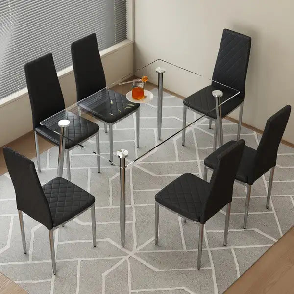 Rectangular Dining Table and 6 Chair Set - Tempered Glass Top, Silver Legs, Black Chairs