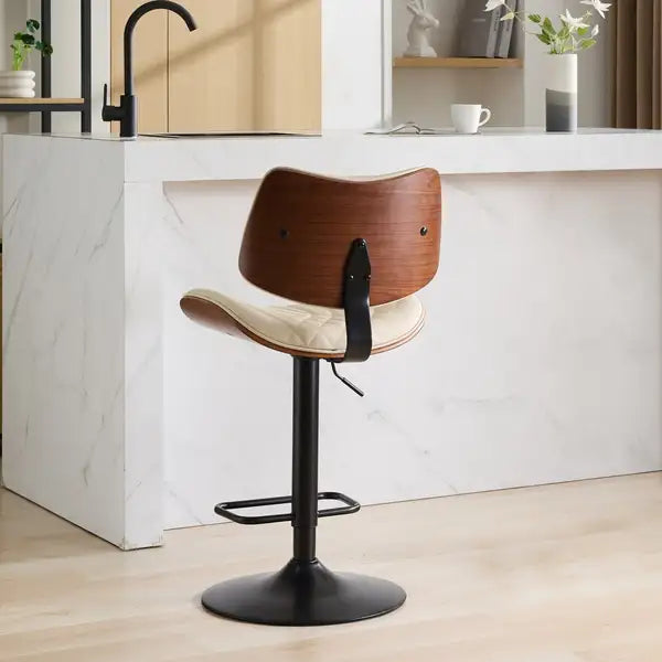 Adjustable Bentwood Bar Stools, Mid Century Modern, Black Leather, Swivel, Counter Height, Beige - Minihomy