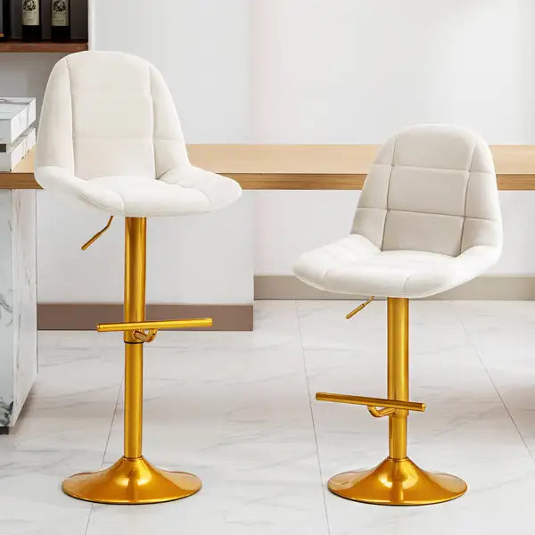 Velvet Swivel Bar Stools Set of 2 - Adjustable Counter Height, Gold Base, White - Kitchen Island Dining Room