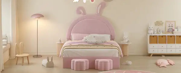 Full Size Upholstered Rabbit Bed with Storage Stools, Pink Velvet Platform Bed with Ears Headboard - Minihomy