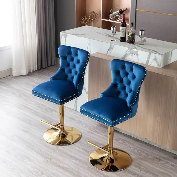 2-Piece Velvet Bar Stools Set | Adjustable Counter Height, Tufted Back, Blue & Gold - Minihomy