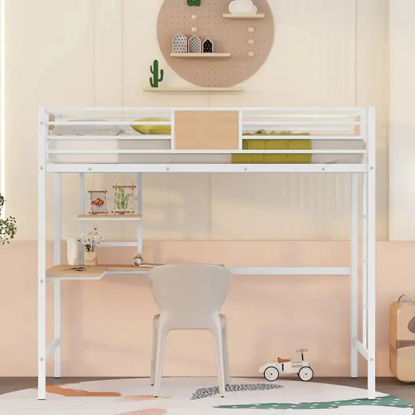 Twin Metal Loft Bed with Desk, Shelves & White Finish