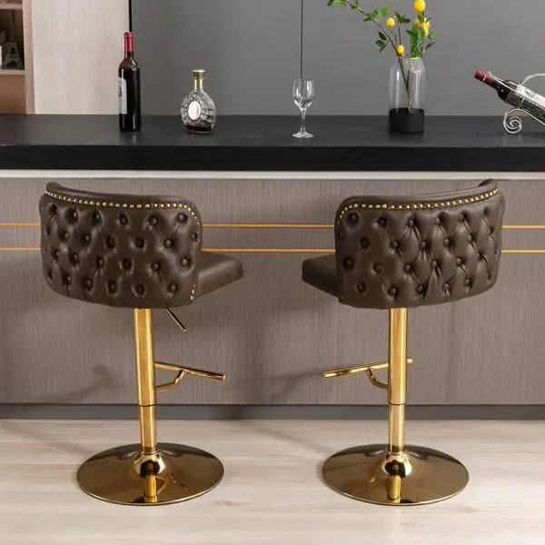 Brown Swivel Barstools Set of 2 - Adjustable Height, Tufted Back, Modern PU Upholstery for Kitchen Island & Pub - Minihomy