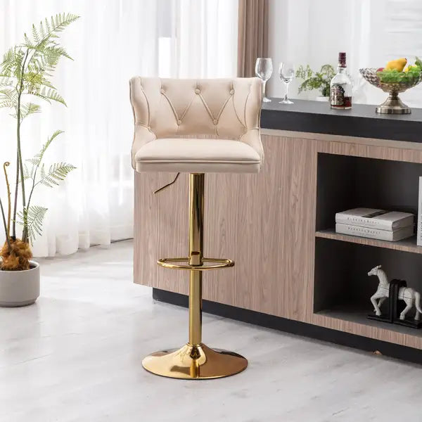 Beige Velvet Bar Stools with Back & Footrest - 2-Piece Set - Counter Height - Minihomy