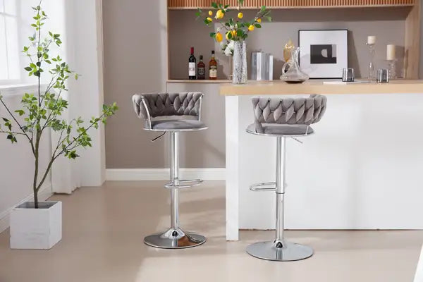 Set of 2 Grey Velvet Swivel Bar Stools with Chrome Footrest and Height Adjustment