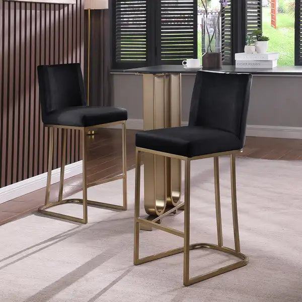 Modern Velvet Bar Stools Set of 2 - Gold Brushed Metal & Black