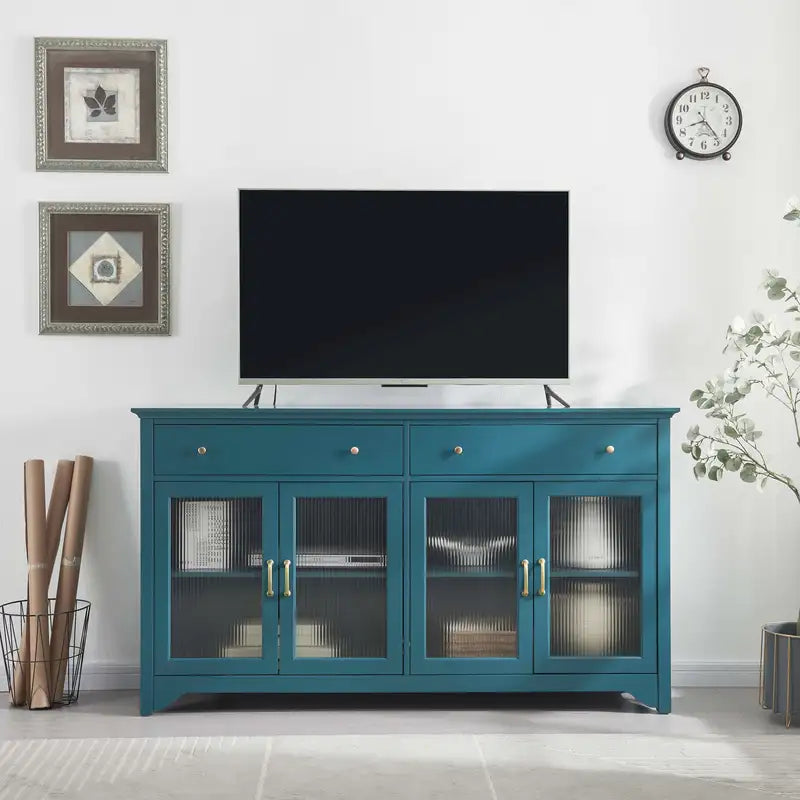 Teal Blue 65" TV Console with Glass Door & Adjustable Shelves