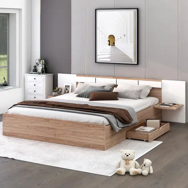 Queen Platform Bed with Headboard, Drawers, Shelves, USB & Outlets - Natural Wood