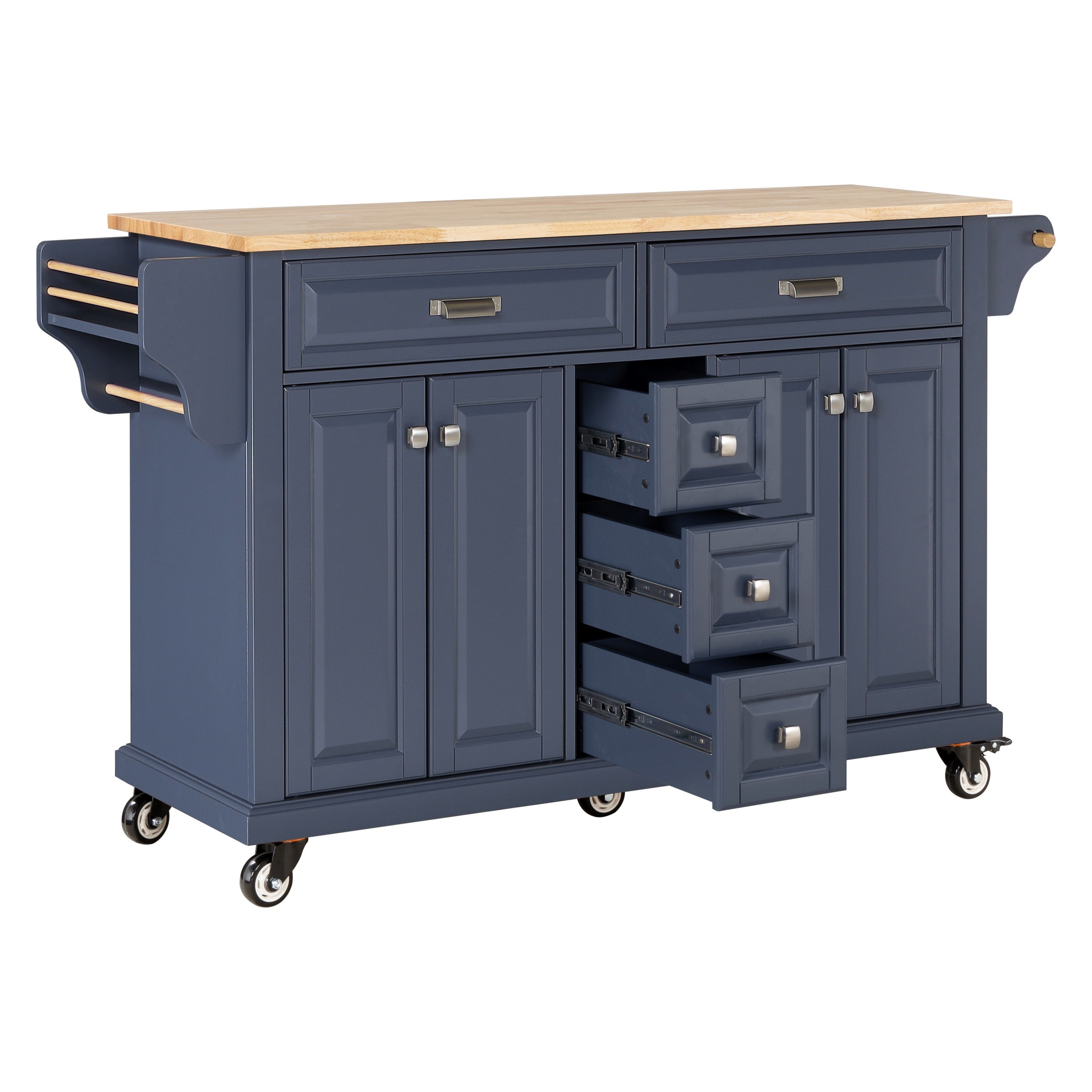 Kitchen Island Cart with Rubberwood Countertop, 5 Drawers & Storage, Blue