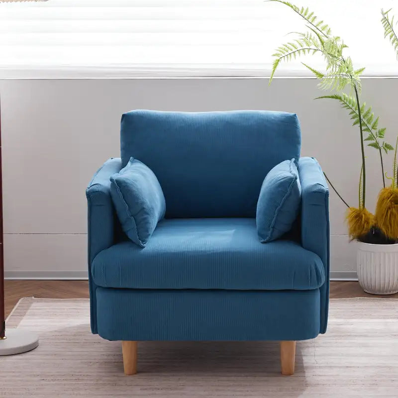 Modern Corduroy Armchair with Wooden Legs & Pillows - 29.5" Wide