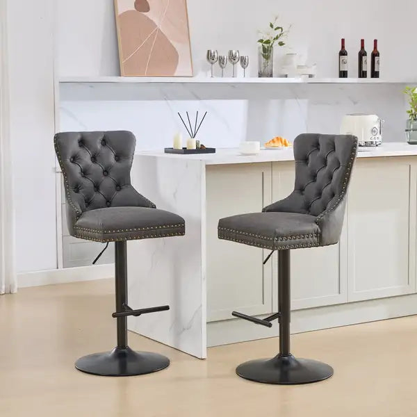 A&A Furniture Black Swivel Barstools, Adjustable Height 25-33", Tufted Back, Set of 2 - Minihomy