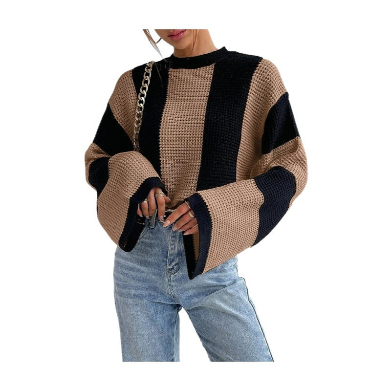 Women's Round Neck Striped Design Niche Knitted Sweater Top