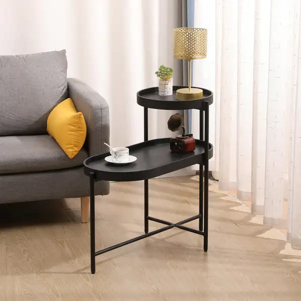 Black Metal Side Table with Storage - 2-Tier Sofa End Table