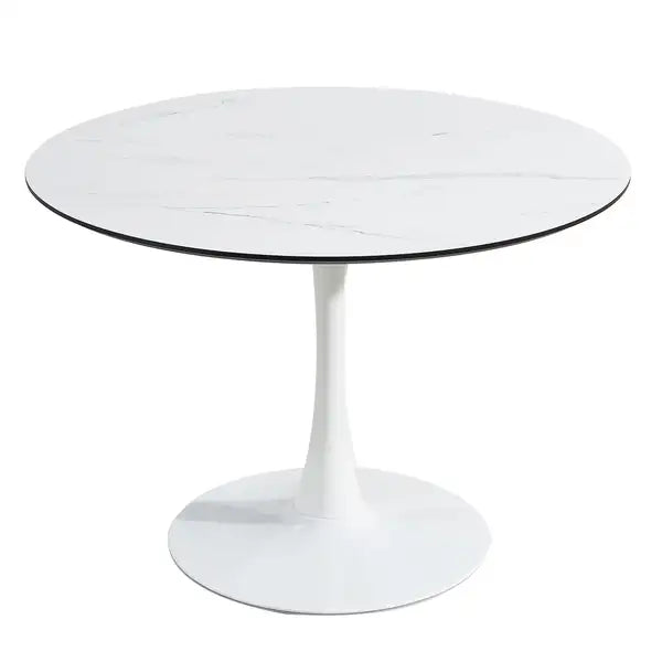 106cm Round Tulip Dining Table in White Marble - White - Minihomy