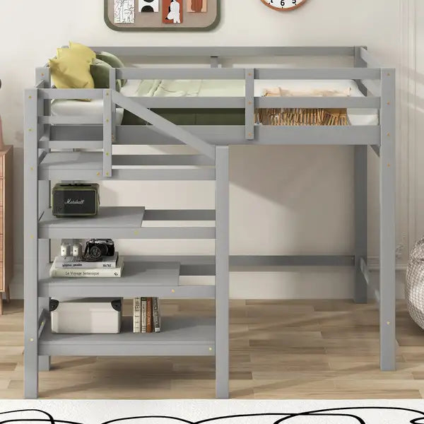 Full Size Loft Bed with Storage Staircase & Clothes Hanger - Gray - Minihomy