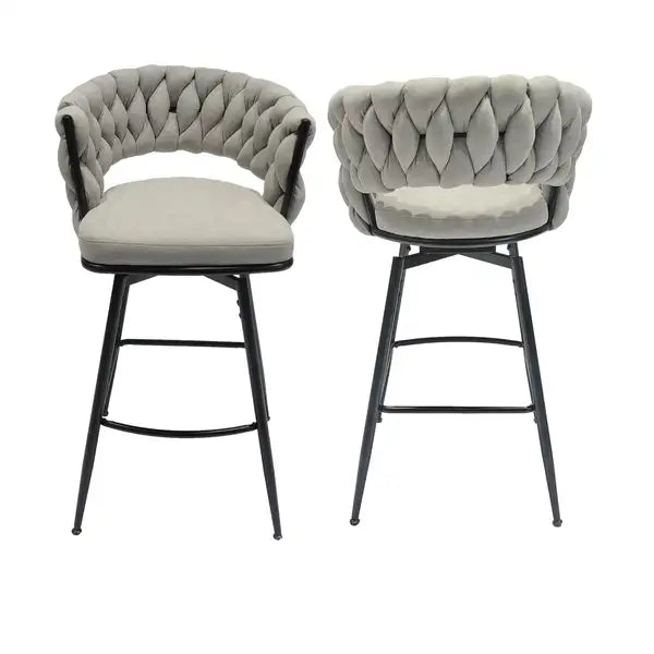 Grey Linen Woven Bar Stools with Backrest, 360 Swivel, Set of 2, Black Legs - Minihomy