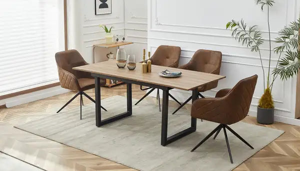 Mid-Century Extensible Dining Table Set for 4-6 People - Metal Legs & MDF Top