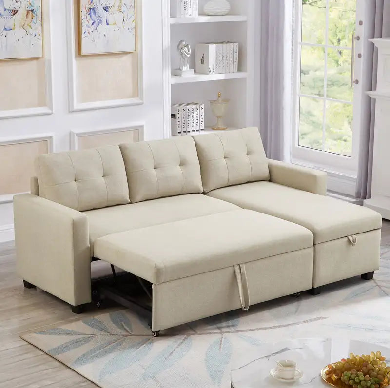 Beige Upholstered Sectional Sofa with Chaise Lounge & Storage