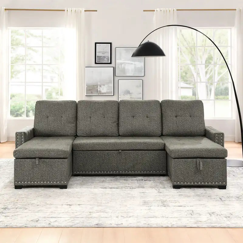 Oversize 109" Pull-Out Sectional Sofa Bed w/Storage Chaise - Grey Linen