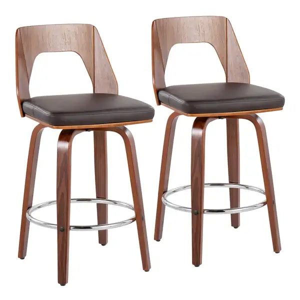 LumiSource Trilogy Mid-Century Counter Stools - Walnut & Brown Faux Leather (Set of 2)