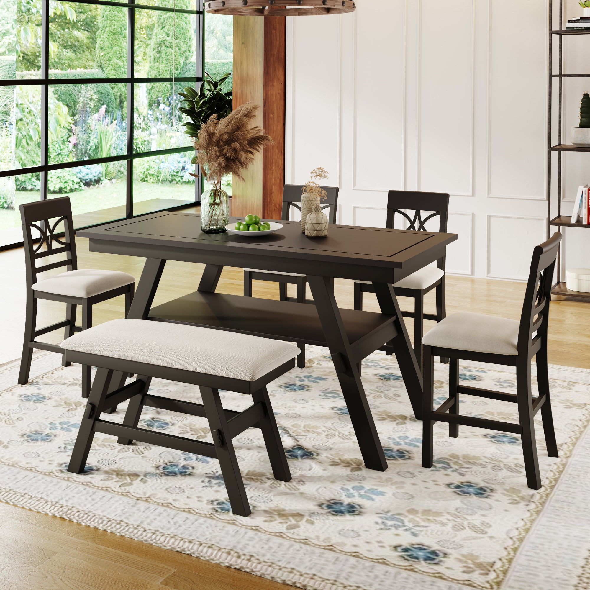 6-Piece Wood Counter Height Dining Set with Storage Shelf - Rustic Espresso & Beige Cushion