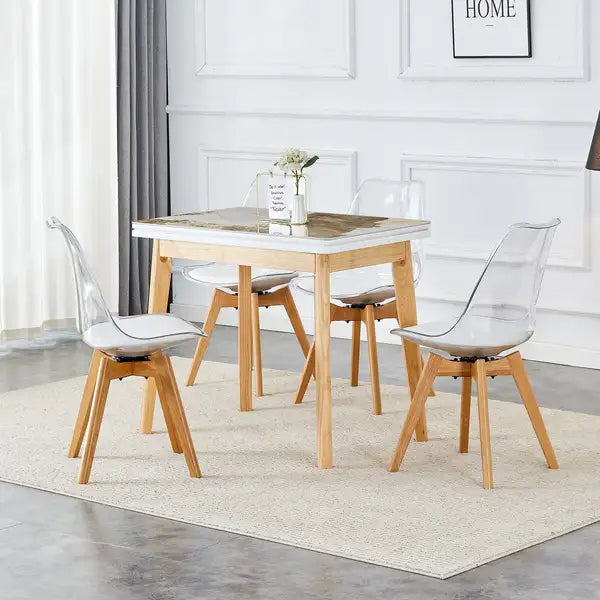 Foldable Computer Desk with 4 Rotating Chairs, White Stone Top, Rubber Wood Legs - ZD-1545 SC-003