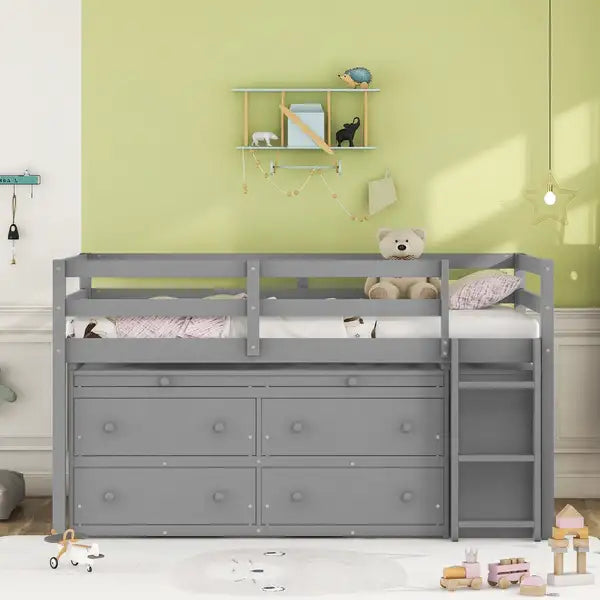 Twin Loft Bed with Desk & Storage - Gray, Wooden Loft Bed with Shelves, Retractable Desk