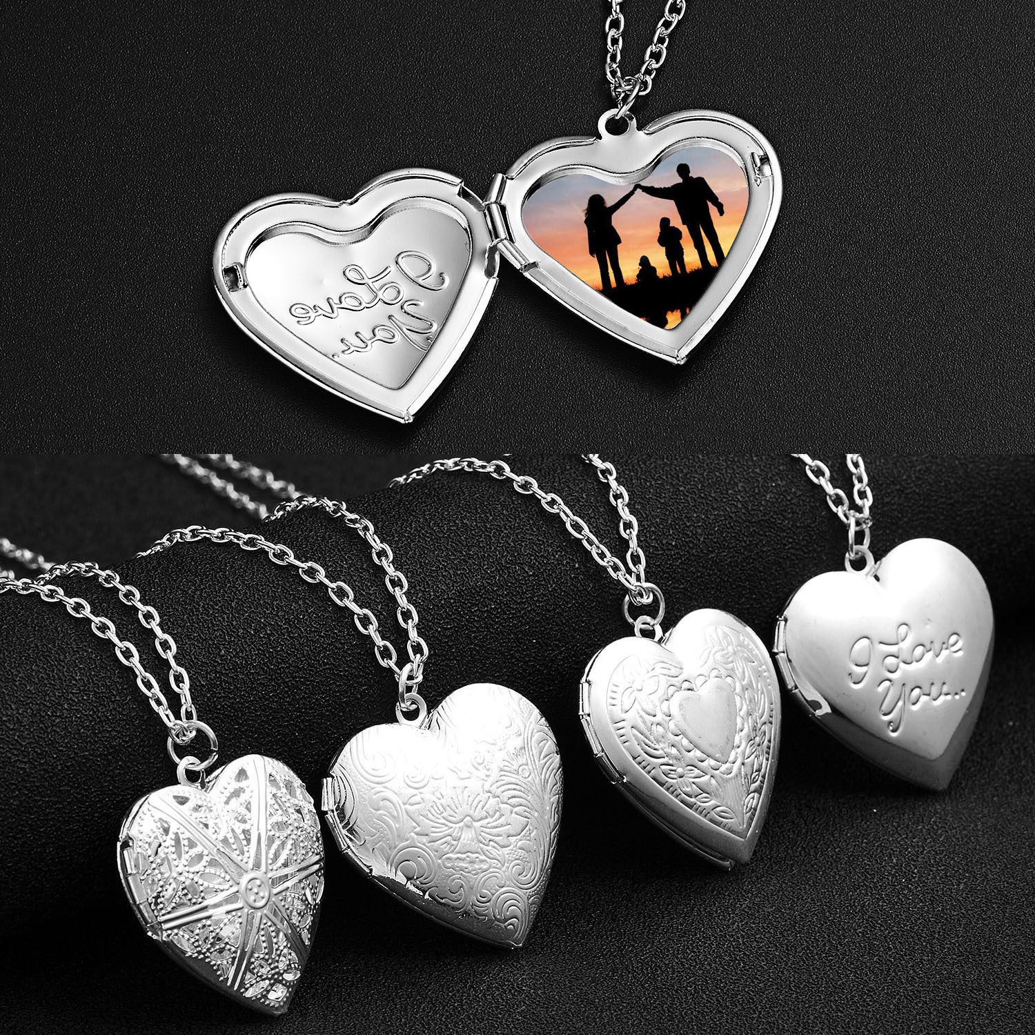 Carved Design Love Necklace - Personalized Heart-shaped Photo Frame Pendant Necklace