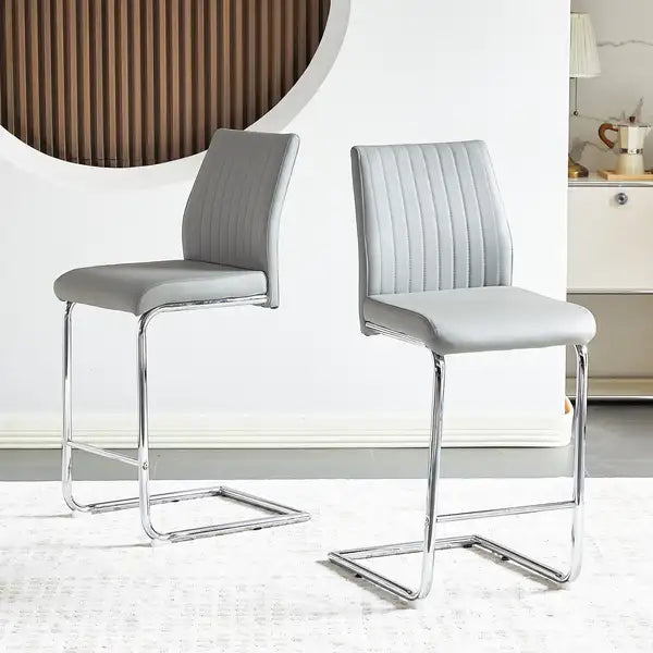 Modern Bar Stools Set of 2 - Light Grey PU Leather, Chrome Metal Frame, Restaurant & Home - Minihomy