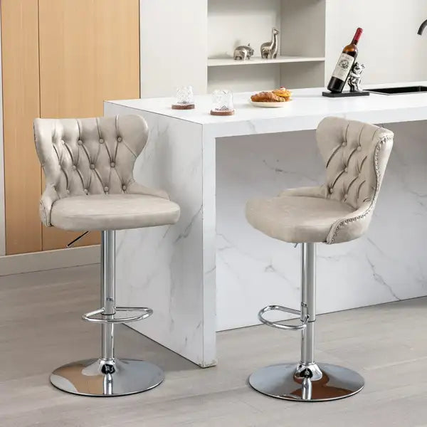 Olive Green Swivel Bar Stools with Backs - Adjustable Height, Chrome Base, Tufted - SW1844BG - Minihomy