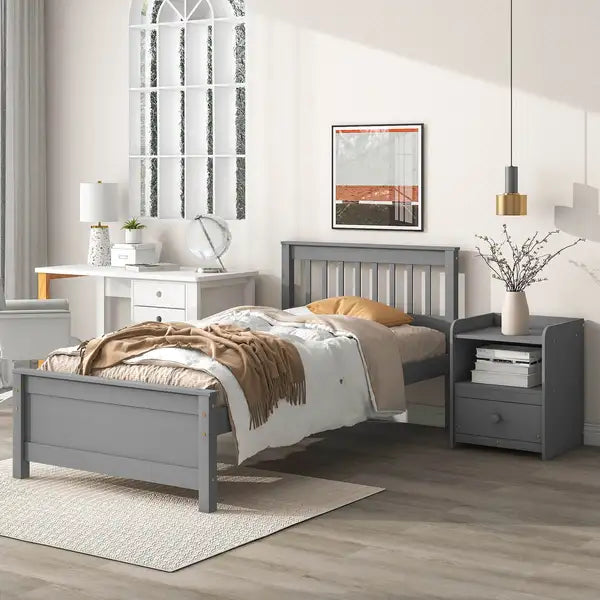 Twin Bed Set with Headboard, Footboard & Nightstand - Grey for Kids, Teens & Adults