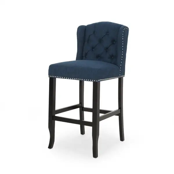 Navy Blue & Dark Brown Tufted Wingback Counter Stools (Set of 2) - 31 Inch Vienna Contemporary Fabric - Minihomy